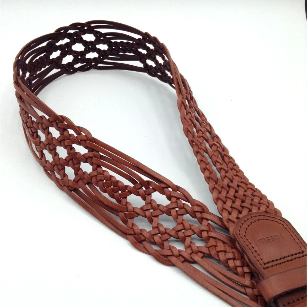 Fossil Belt Wn S Brown Leather Braided Woven Brass Buckle Boho Hippie Western